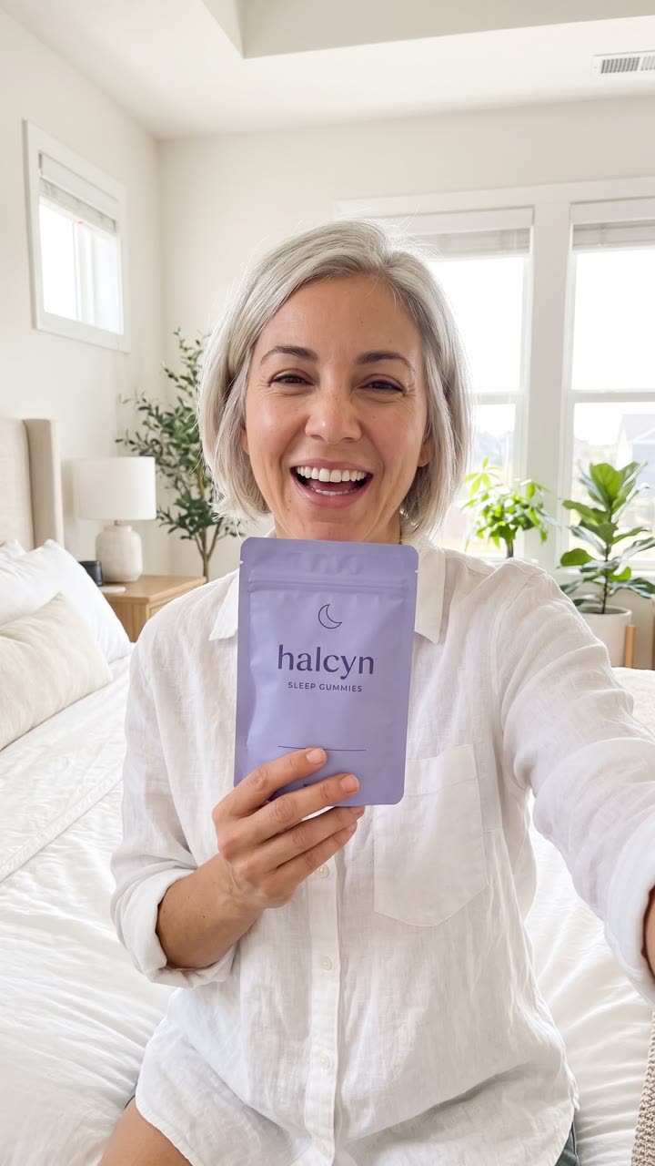 AI presenter holding the halcyn pouch in a bright bedroom